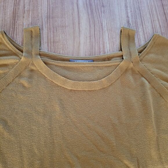 Anthropologie Sweater Top Womens Large Brown Mustard Cold Shoulder Casual Basic - Picture 3 of 11